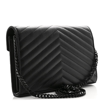 Saint Laurent Grain De Poudre Matelasse Chevron Monogram Monochrome Chain Wallet Black 3 of 12