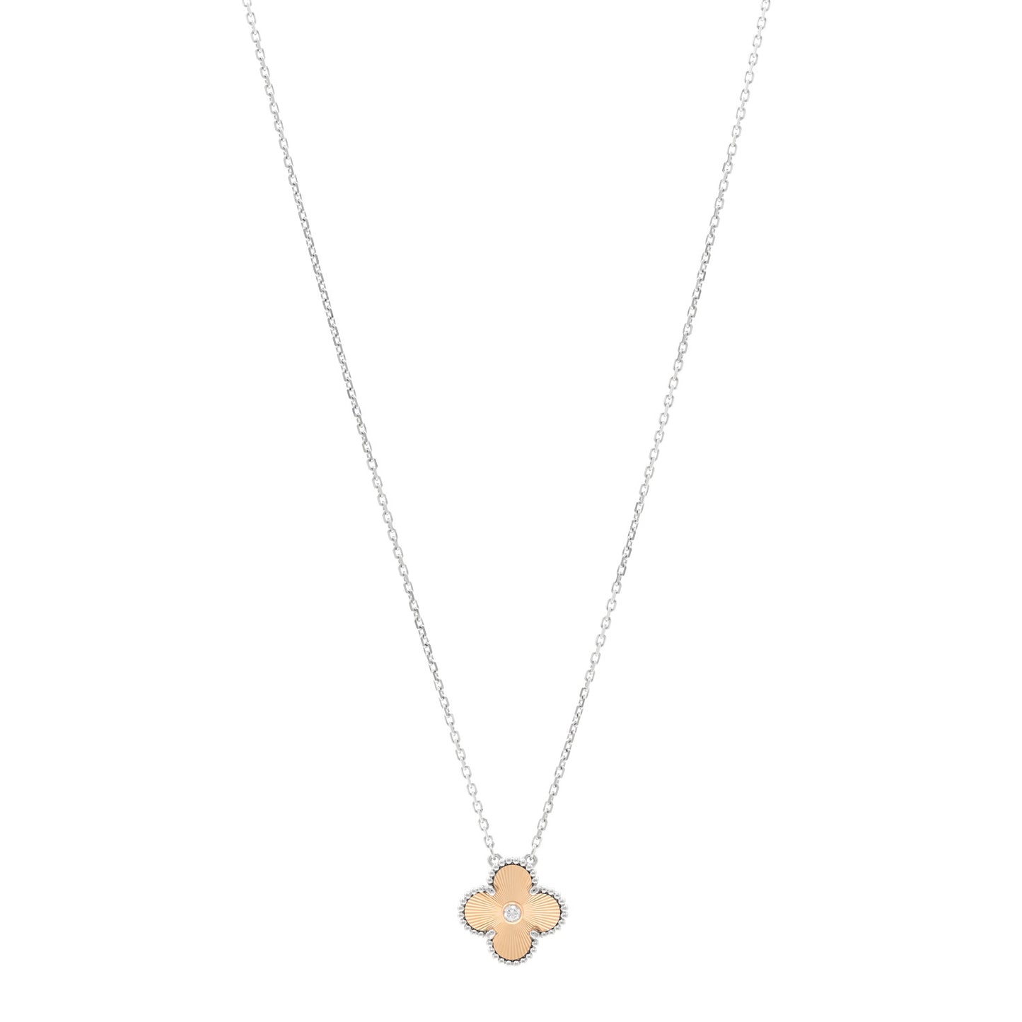 18K White Rose Gold Diamond Guilloche Vintage Alhambra Pendant Necklace