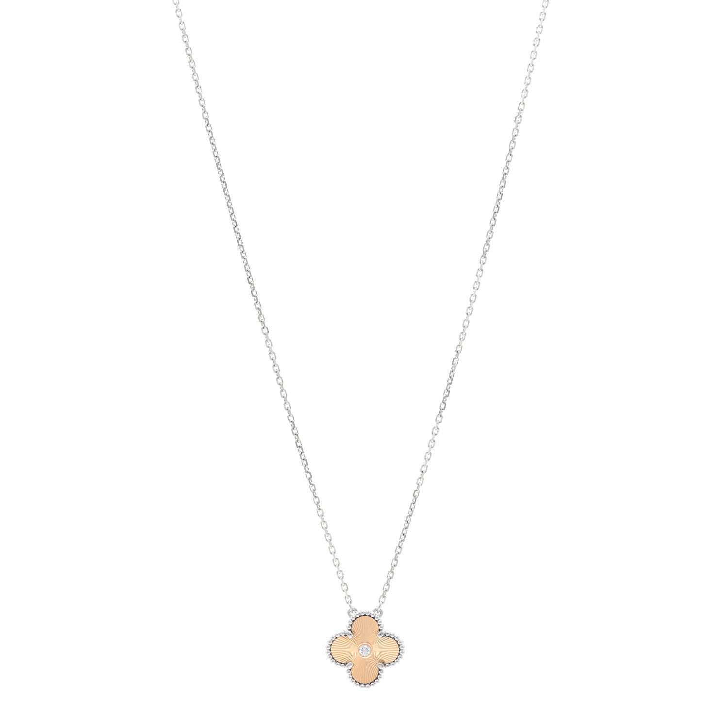 Van Cleef & Arpels 18K White Rose Gold Diamond Guilloche Vintage Alhambra Pendant Necklace 1 of 6