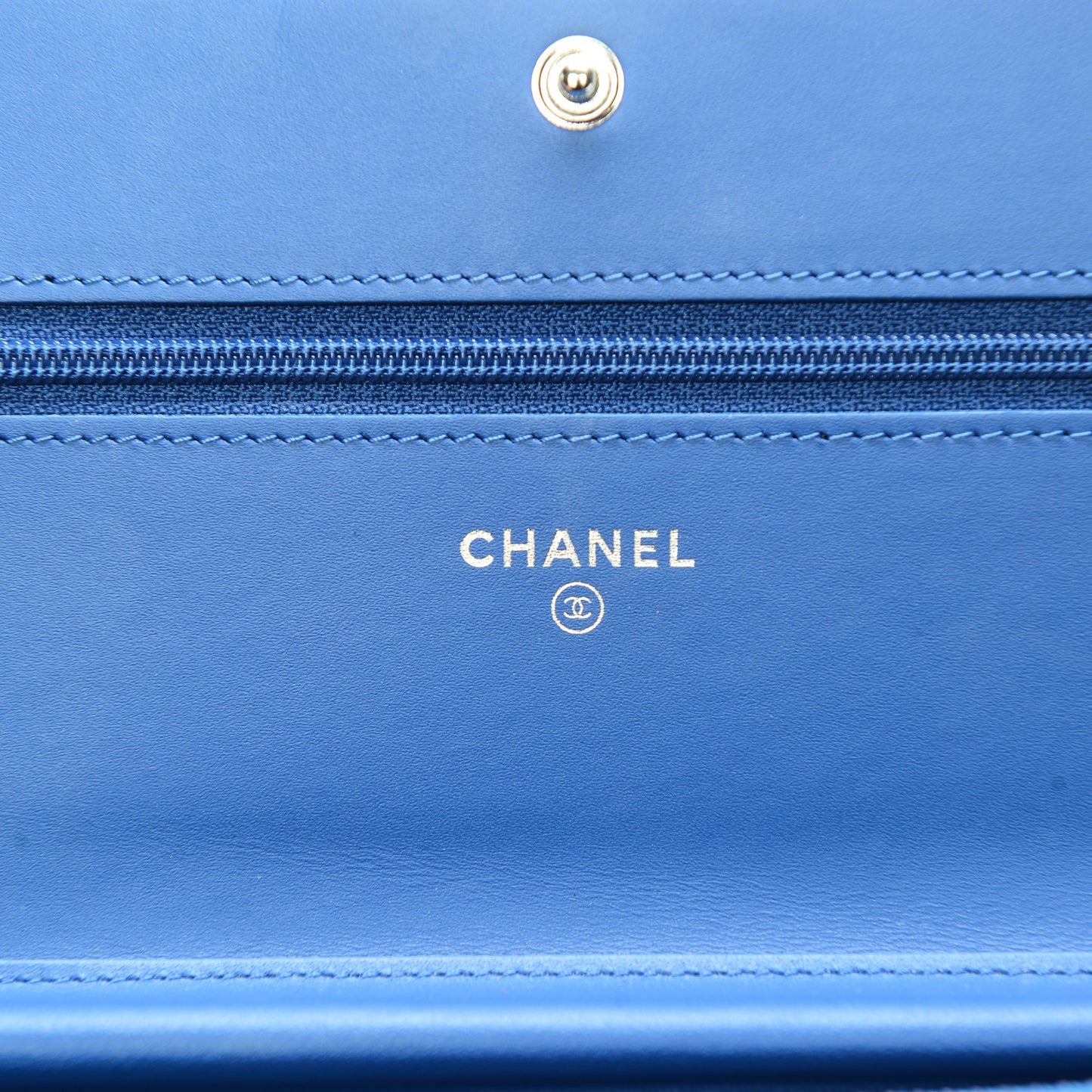 Patent Calfskin Quilted Boy Wallet On Chain WOC Dark Blue
