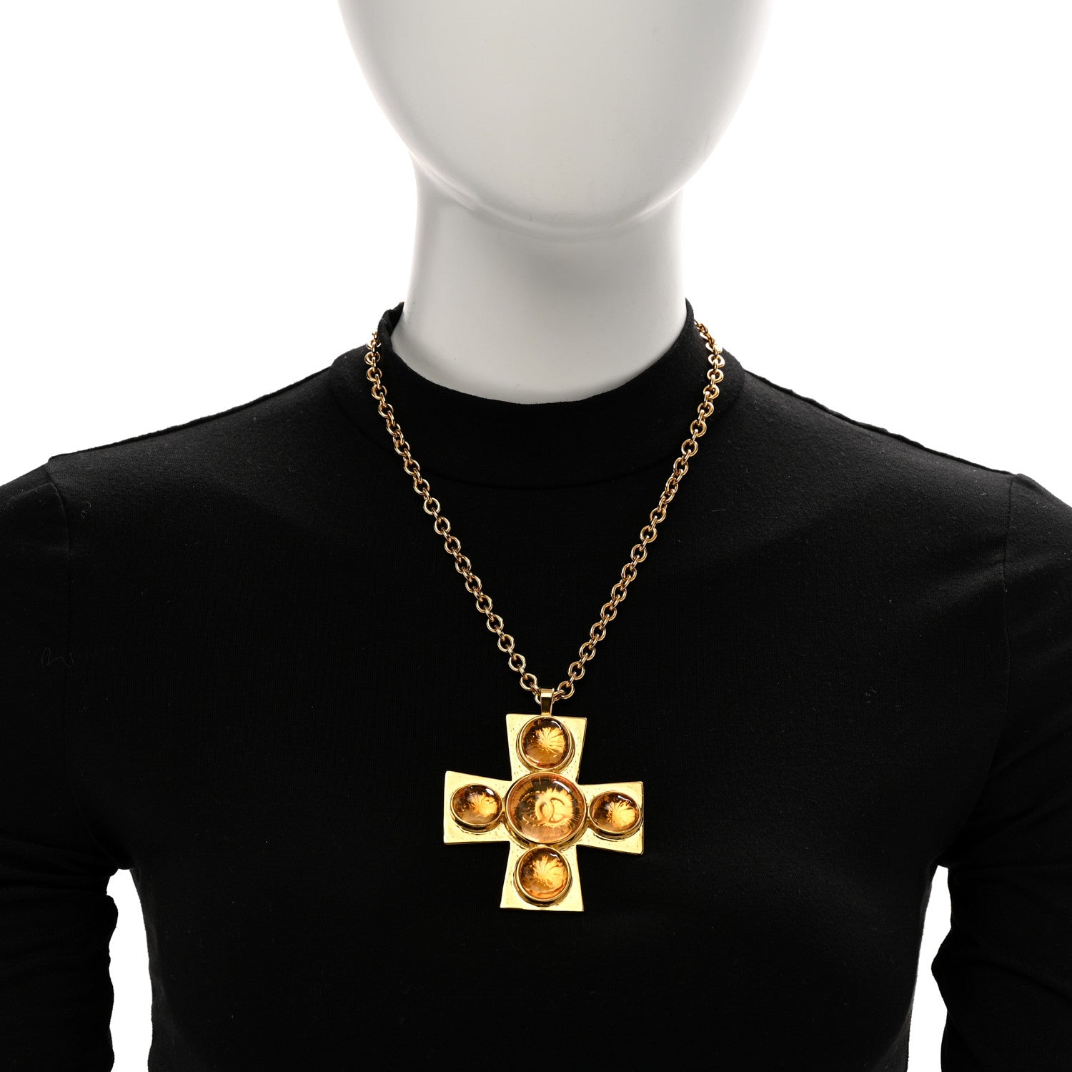CHANEL クリスタルクロスネックレス Chanel Gripoix Crystal CC Cross Pendant Necklace Gold Orange