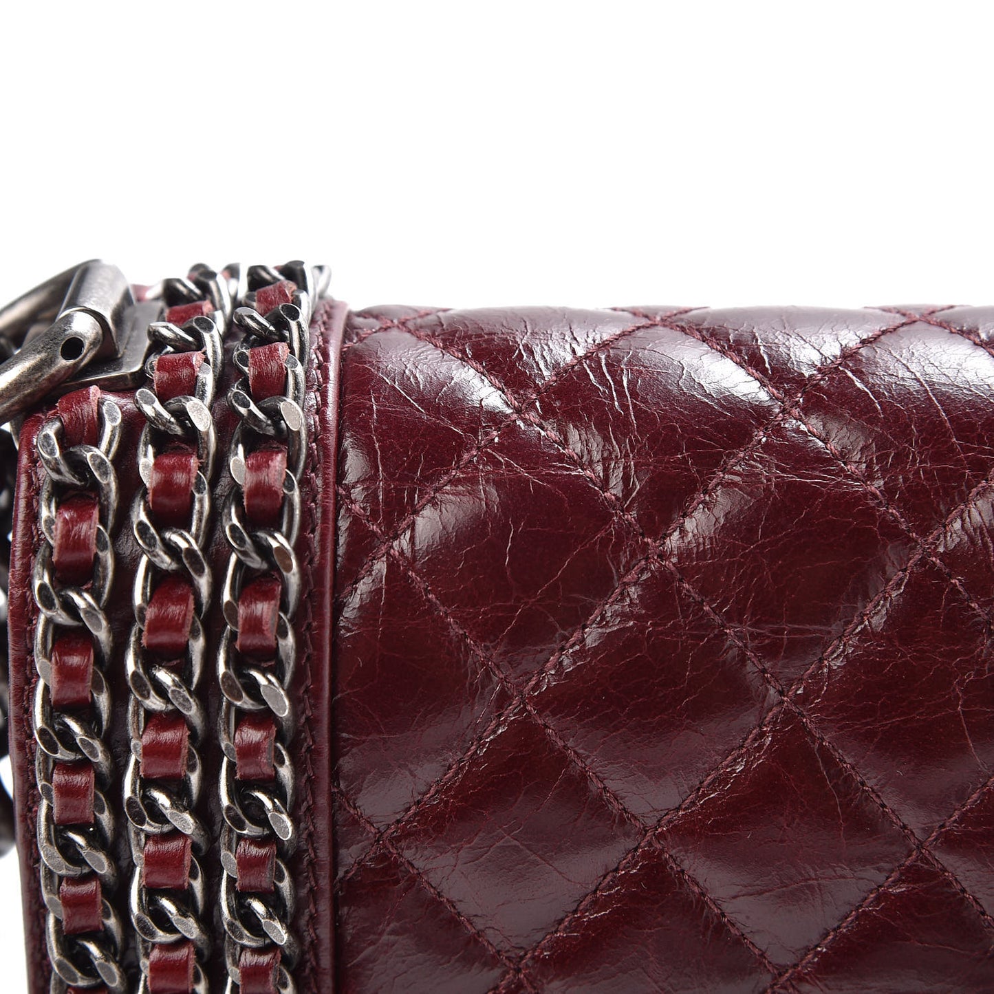 Glazed Calfskin Quilted Small Boy Chained Flap Burgundy