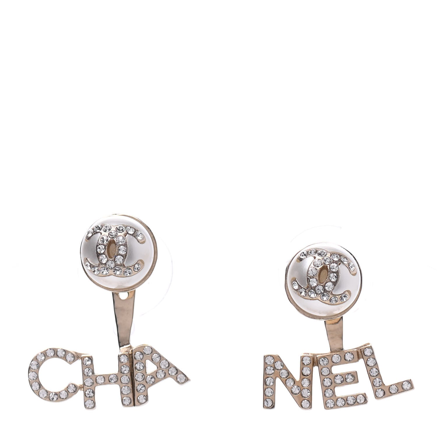 Chanel Pearl Crystal Logo Earrings Gold Pearly White 1 of 4