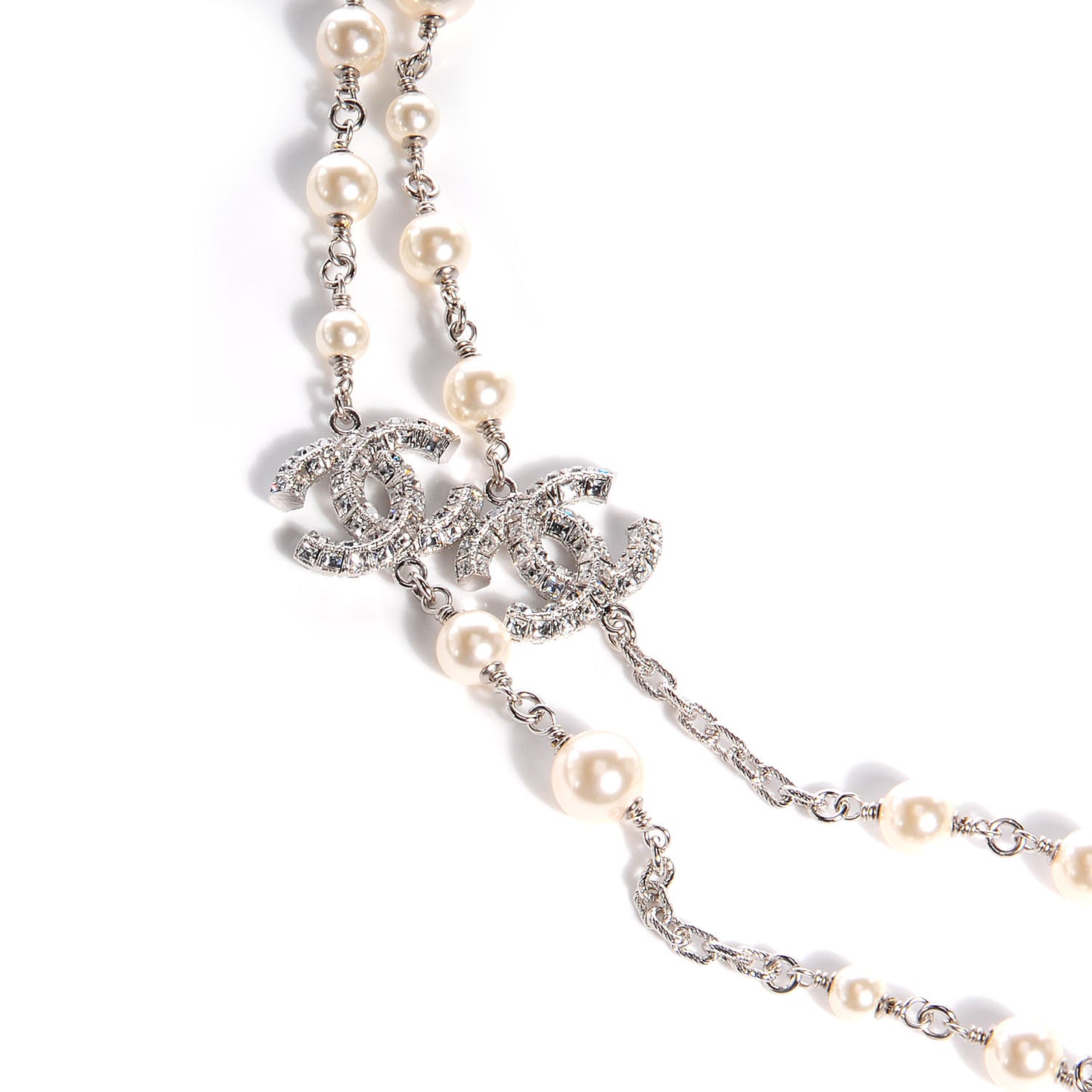 Crystal Pearl CC Long Necklace Silver
