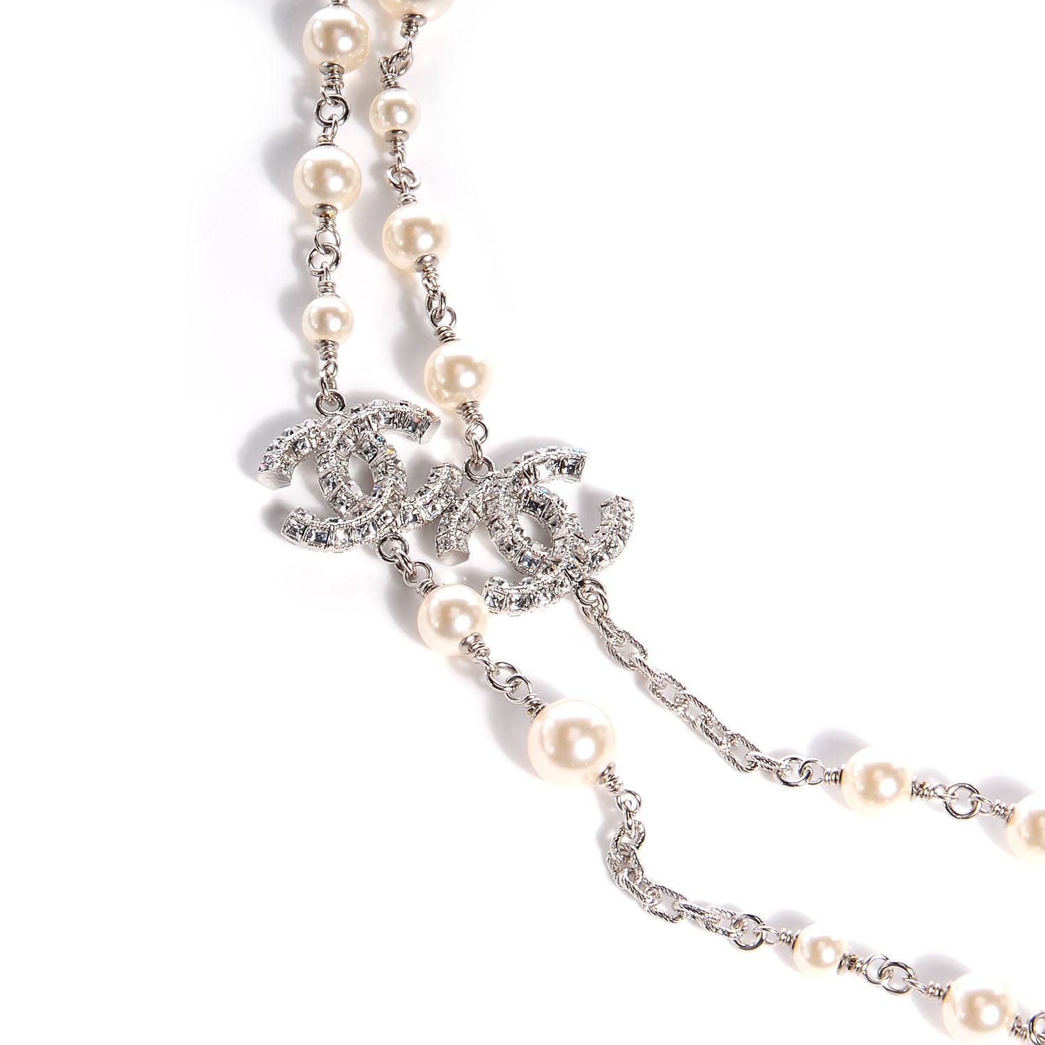 Chanel Crystal Pearl CC Long Necklace Silver 4 of 6