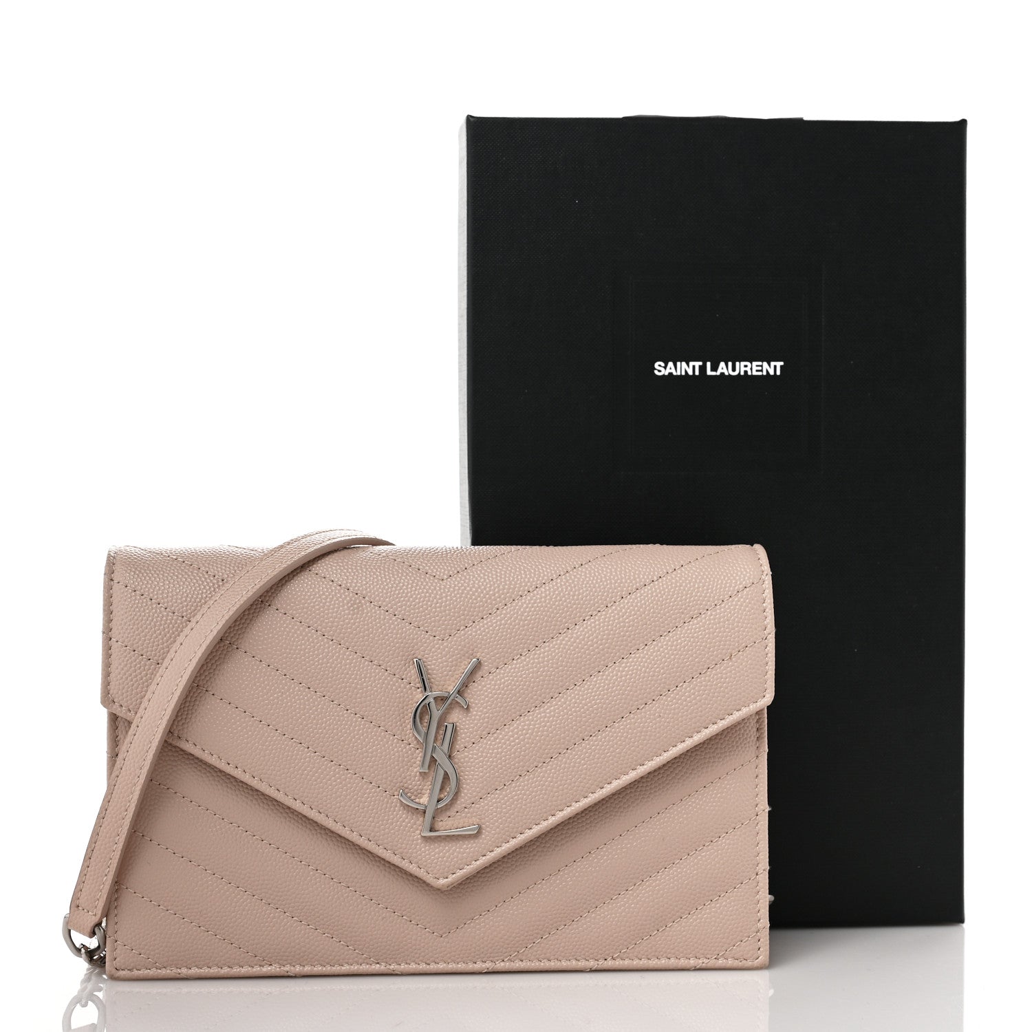 Saint Laurent Grain De Poudre Matelasse Chevron Monogram Envelope Chain Wallet Pale Pink 9 of 9