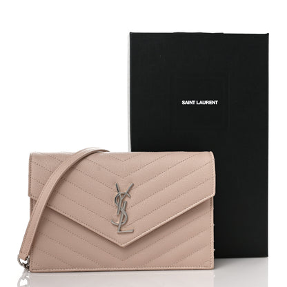 Saint Laurent Grain De Poudre Matelasse Chevron Monogram Envelope Chain Wallet Pale Pink 9 of 9