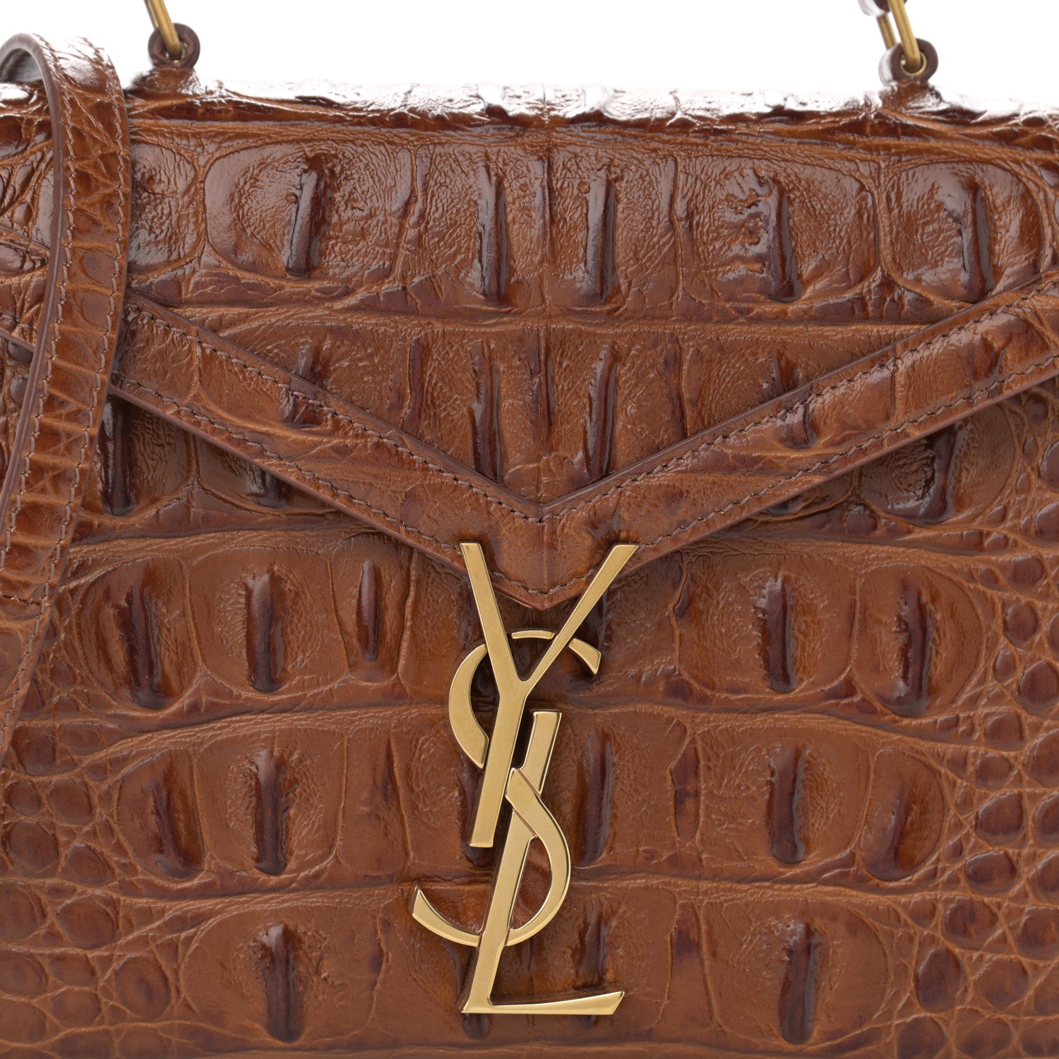 Saint Laurent Calfskin Crocodile Embossed Mini Classic Monogram Cassandra Top Handle Brown 9 of 14