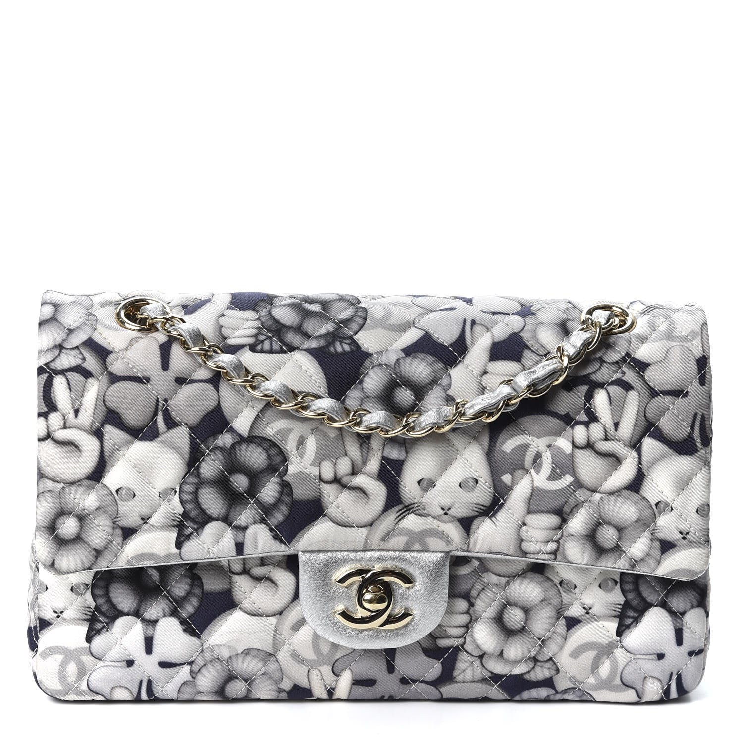 Chanel Nylon Quilted Medium Cat Emoticon Double Flap Navy Grey Ecru 1 of 10