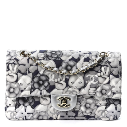 Chanel Nylon Quilted Medium Cat Emoticon Double Flap Navy Grey Ecru 1 of 10