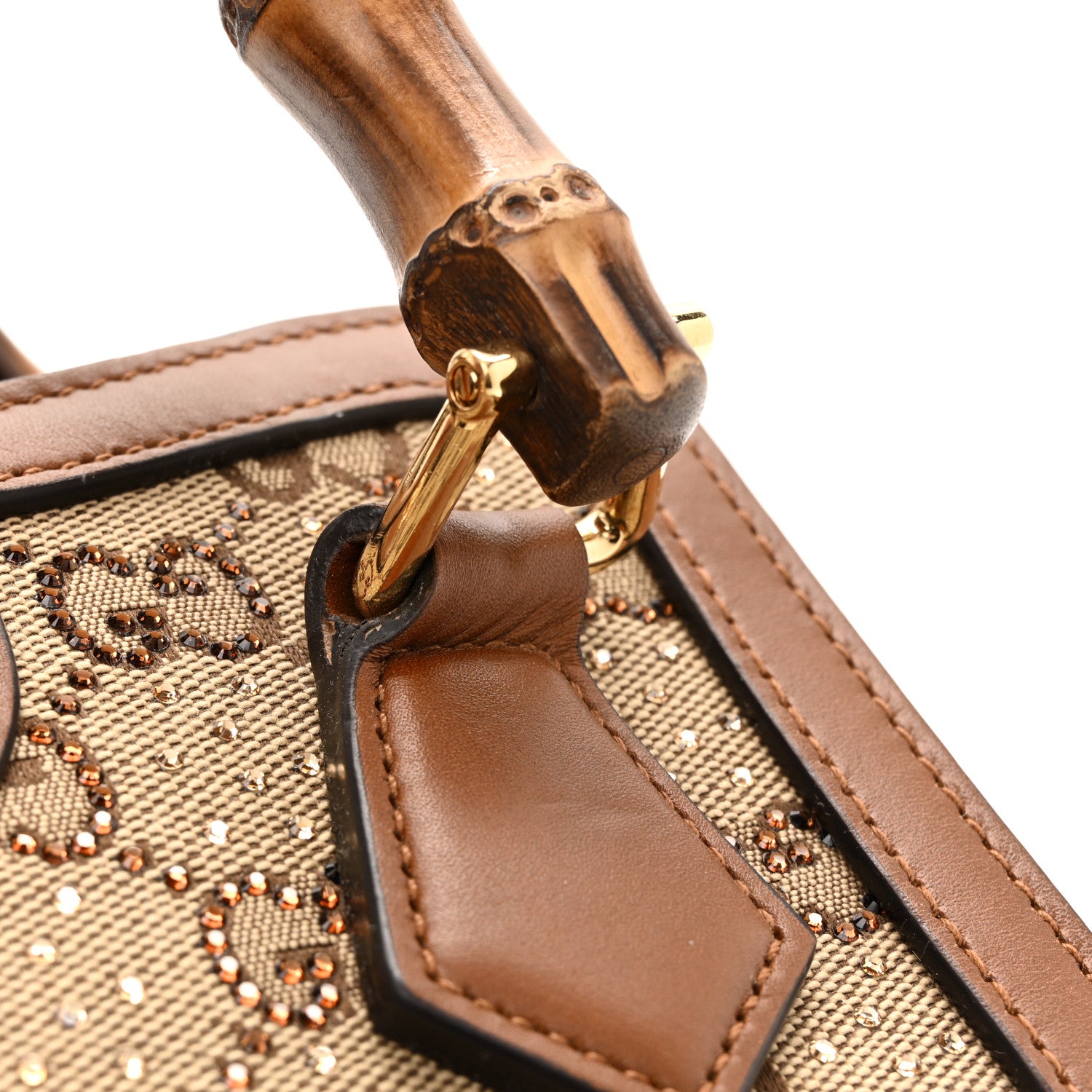 Gucci New Canvas Charisma Calfskin Crystal GG Monogram Mini Diana Tote Bag Camel Ebony 11 of 14