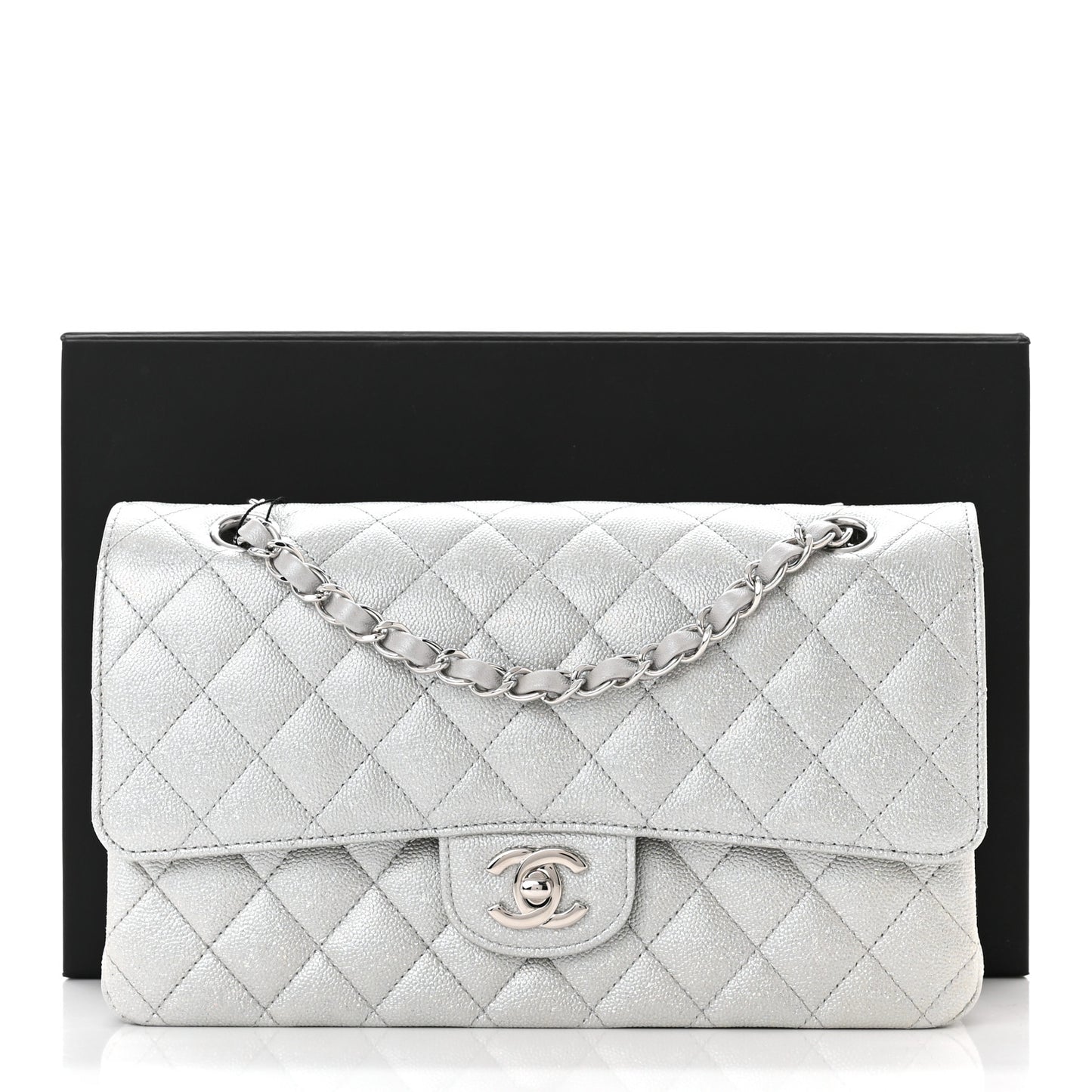 Glittered Metallic Caviar Quilted Medium Double Flap Silver