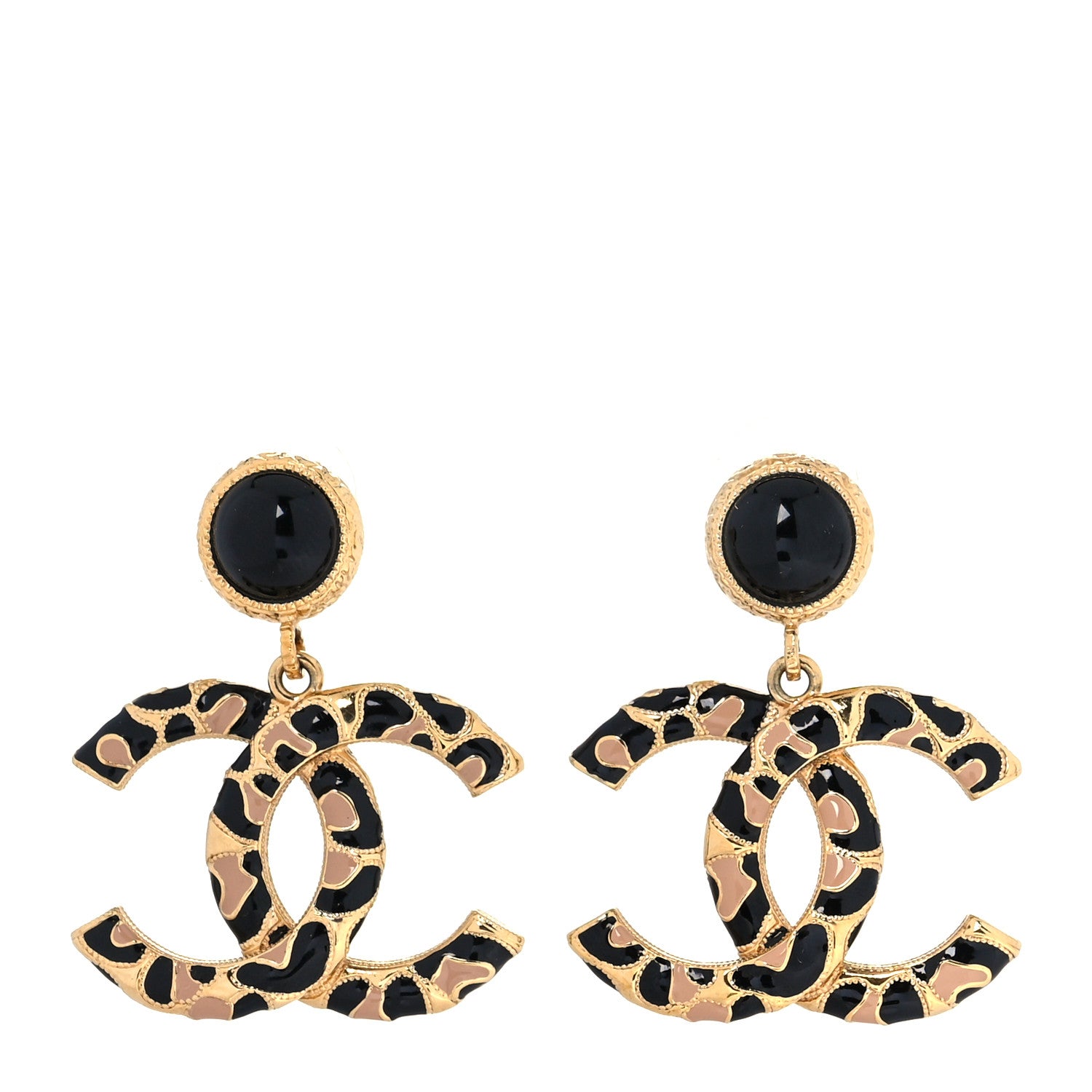 Chanel Metal Leopard Print CC Earrings Gold Black Beige 1 of 5