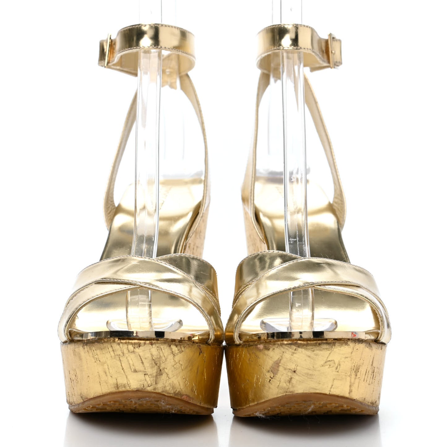 Metallic Calfskin Cork Papyrus Wedge Sandal 38 Gold