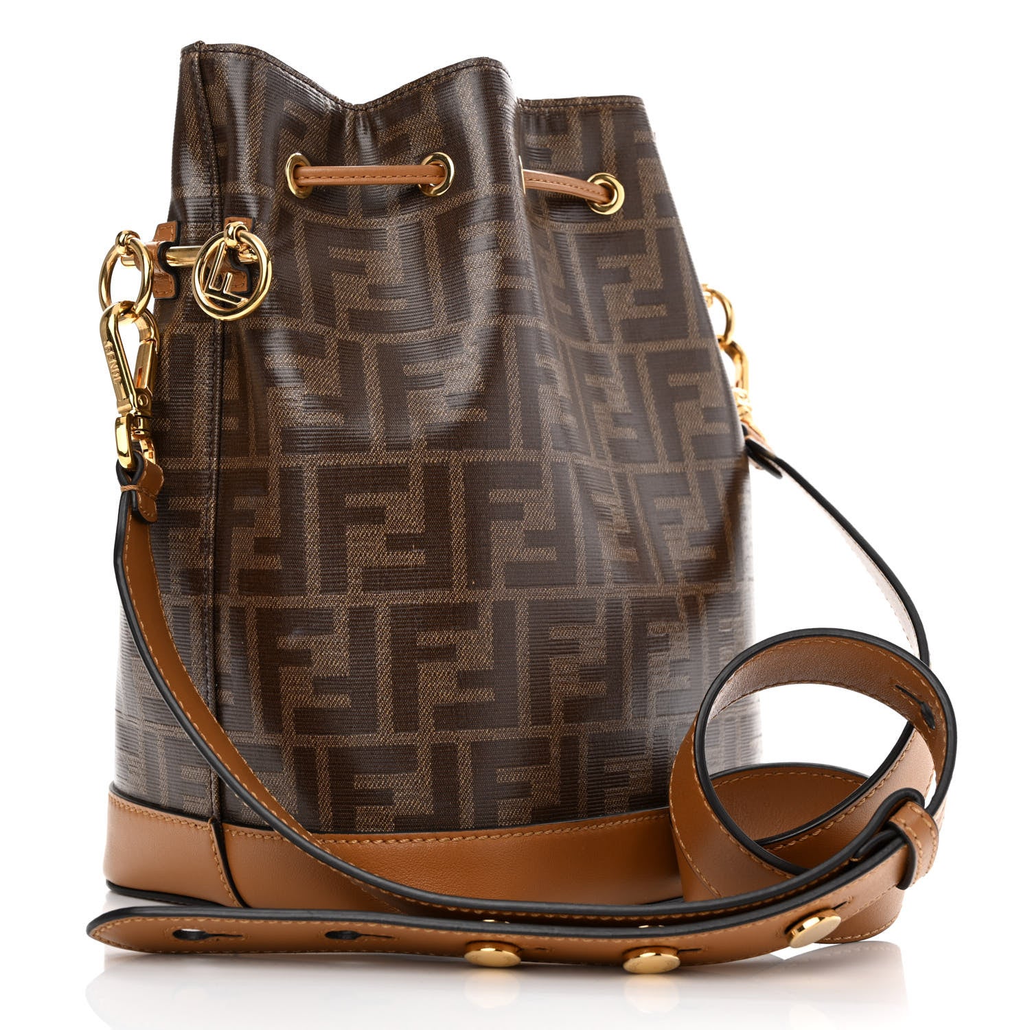 Fendi Glazed Fabric Vitello Grace F is Fendi FF 1974 Stamp Patch Grande Mon Tresor Bucket Bag Mogano Panna Nocciola 3 of 13