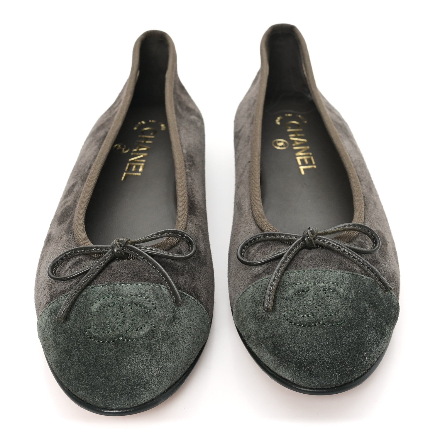 Chanel Suede Calfskin Cap Toe CC Ballerina Flats 38.5 Dark Khaki Dark Green 3 of 9