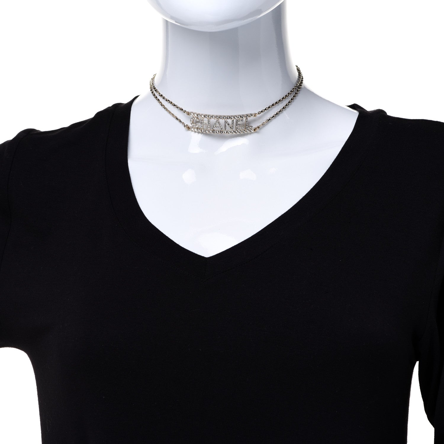 Chanel Metal Crystal Logo Choker Necklace Gold 2 of 5