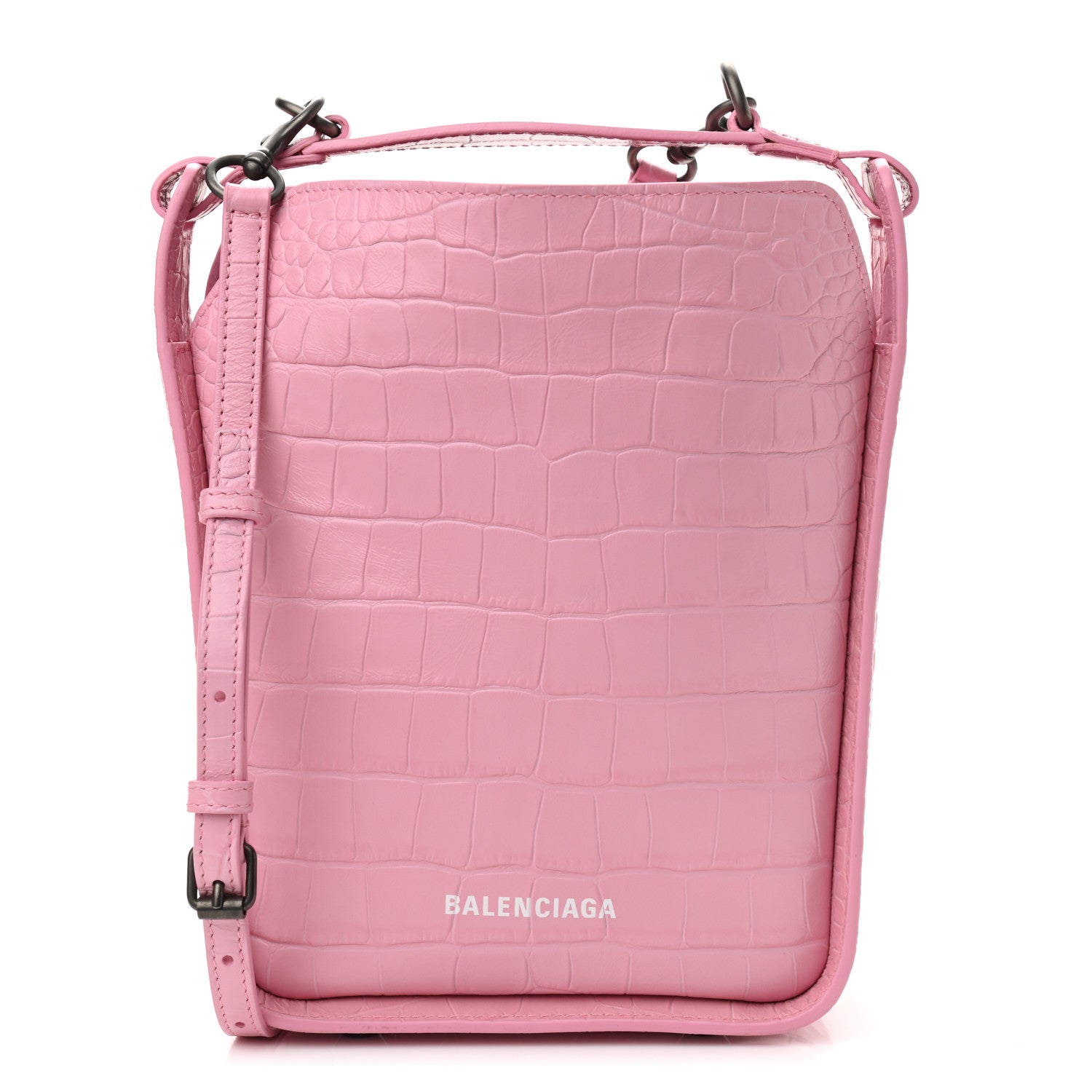 Balenciaga Calfskin Logo Crocodile Embossed XS Tool 2.0 North-South Tote Candy Pink White 4 of 11