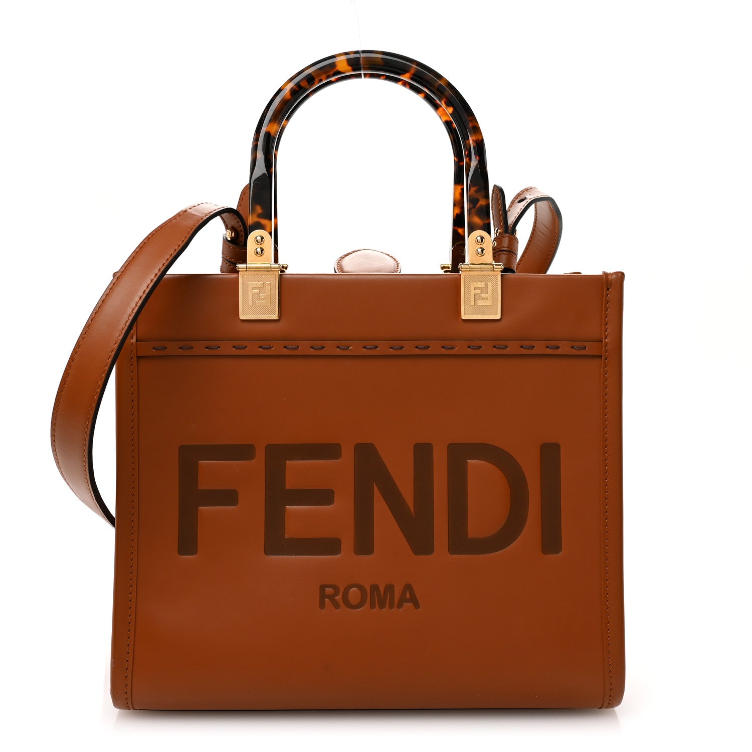 Fendi Vitello King Plexiglass Logo Embossed Small Fendi Sunshine Shopper Tote Cuoio 1 of 9