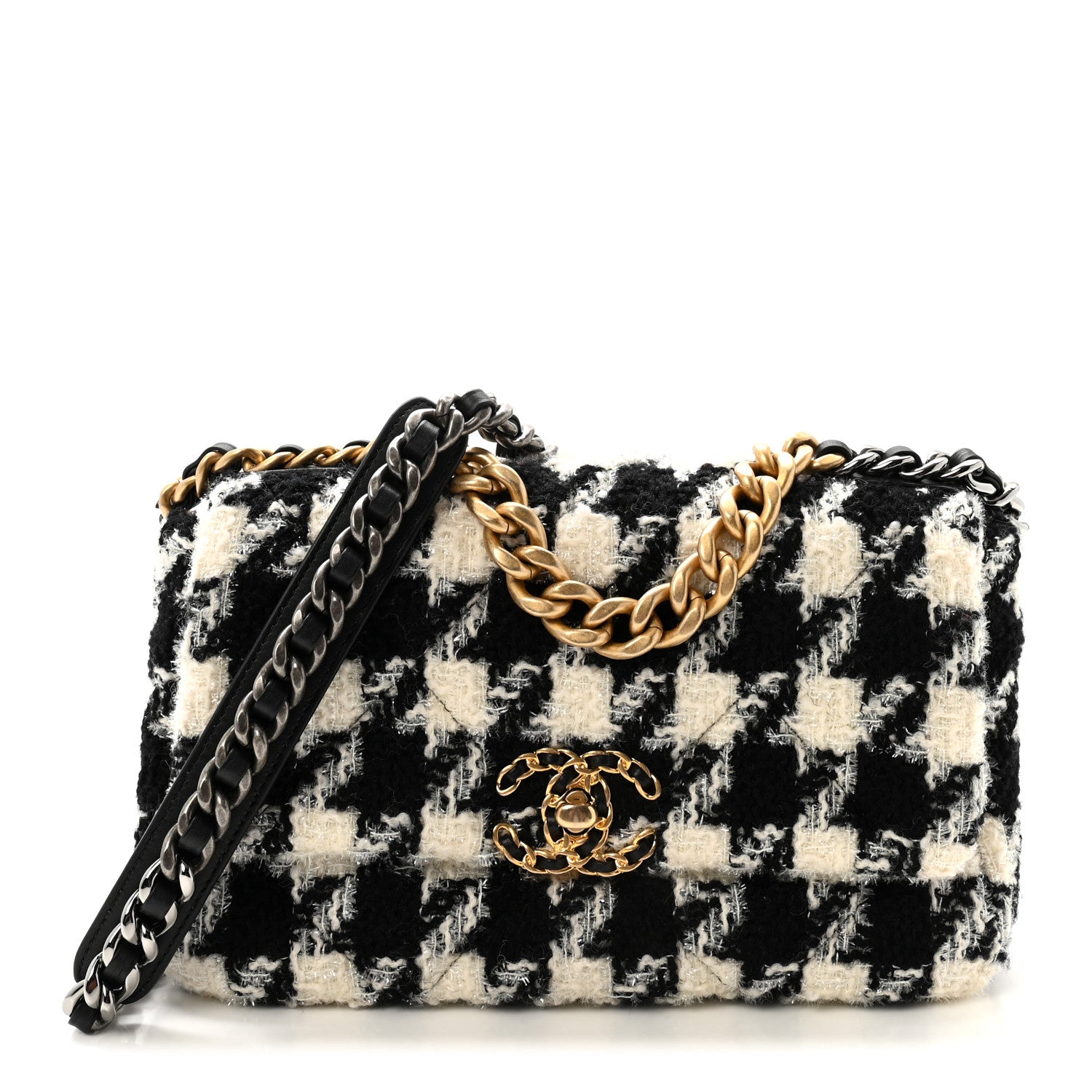 Chanel Tweed Quilted Medium Chanel 19 Flap Black Ecru White 1 of 10