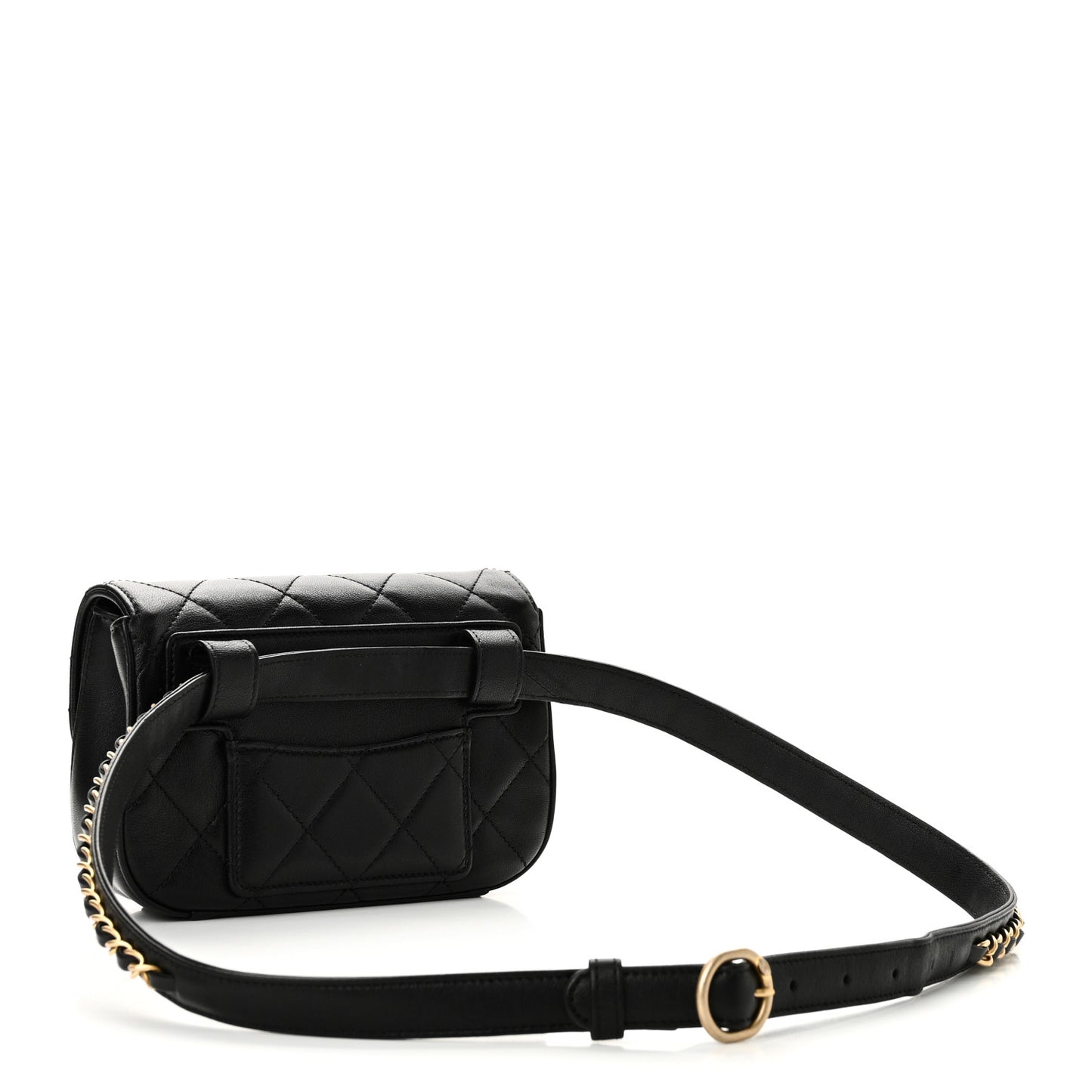 Lambskin Quilted Chain Infinity Waist Belt Bag Black