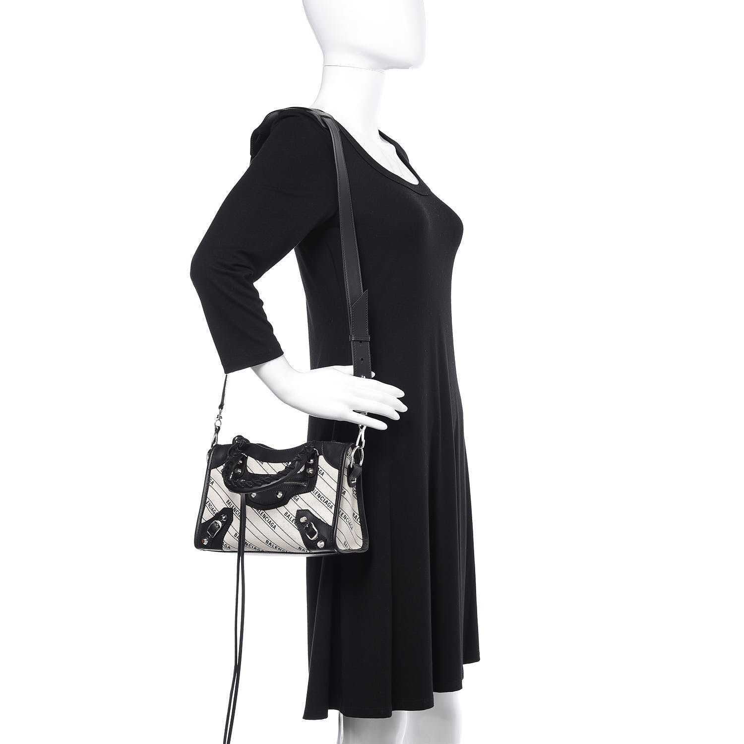 Balenciaga Canvas Satin Calfskin Diagonal Allover Logo Print Classic Silver Hardware Mini City Natural Black 2 of 10