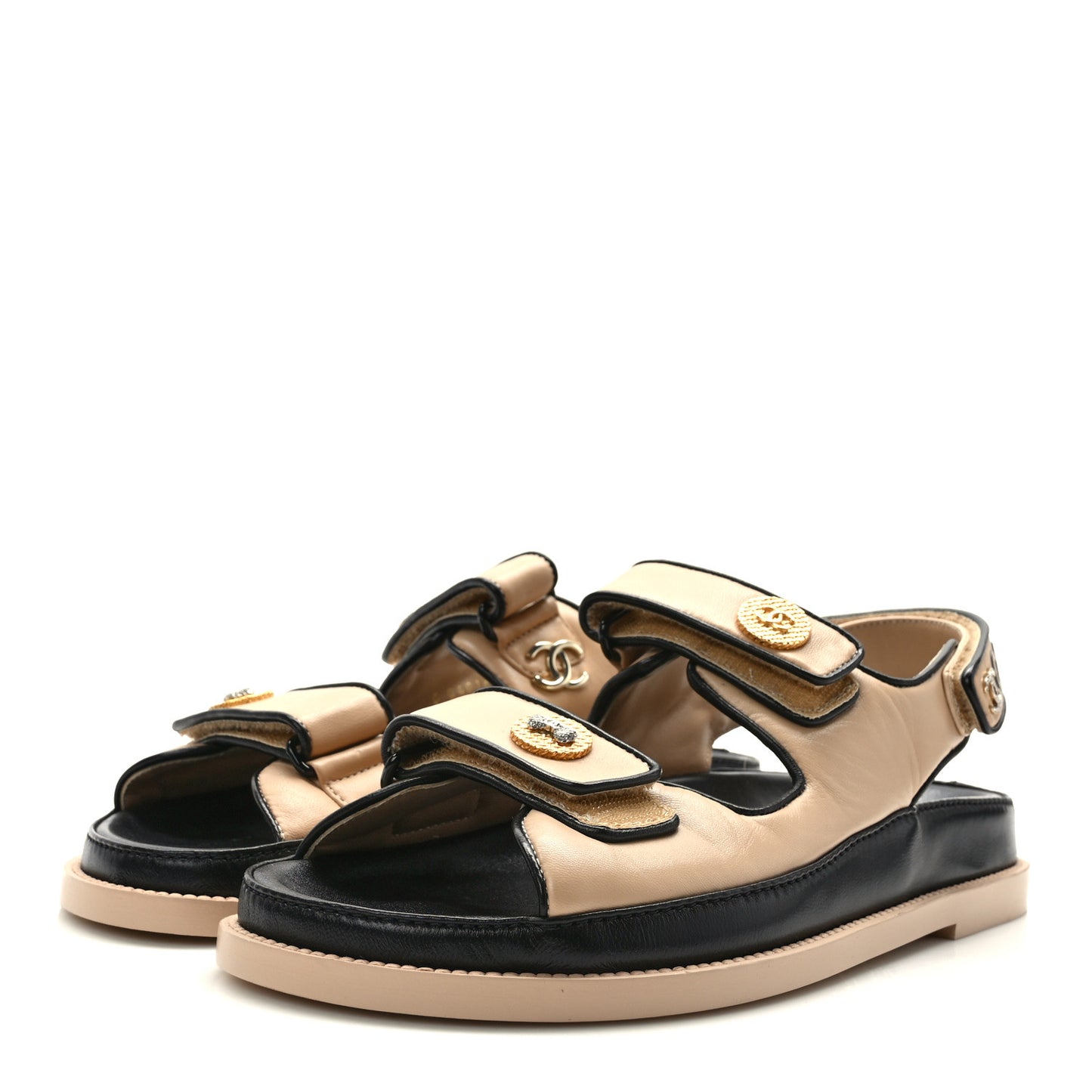 Lambskin Velcro Dad Slide Sandals 38 Beige Black