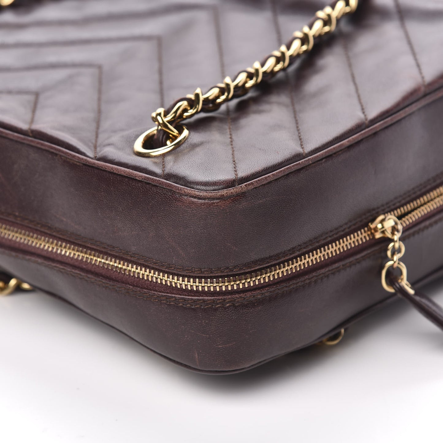 Lambskin Chevron Quilted Camera Case Brown
