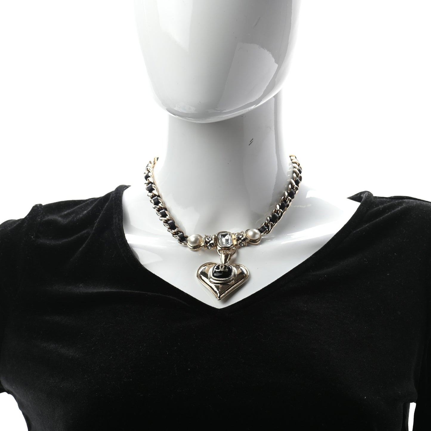 Lambskin Crystal Pearl CC Heart Choker Gold Black