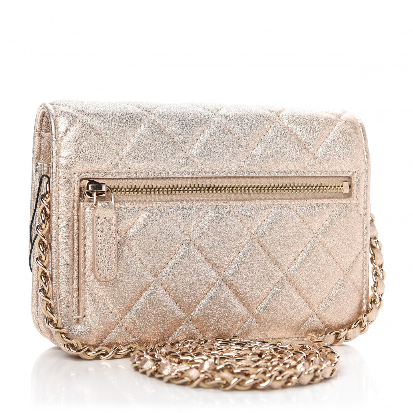 Metallic Lambskin Quilted Mini Wallet On Chain WOC Gold