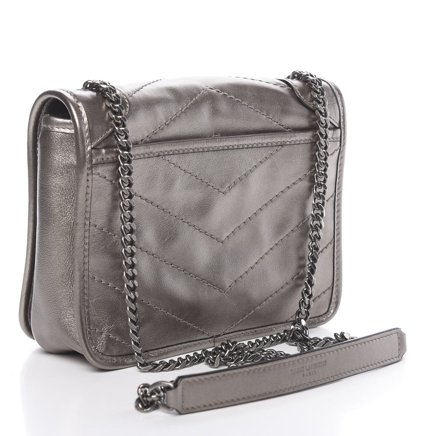 Metallic Calfskin Matelasse Monogram Niki Chain Wallet Platinum