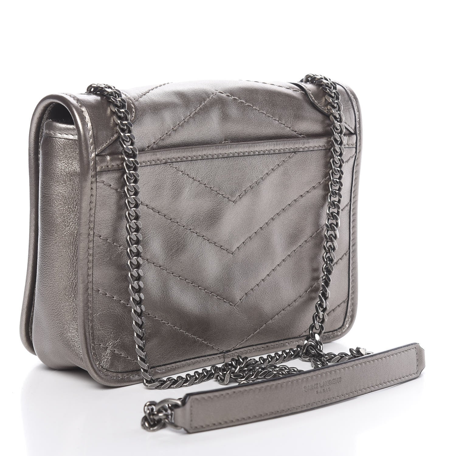 Saint Laurent Metallic Calfskin Matelasse Monogram Niki Chain Wallet Platinum 3 of 9