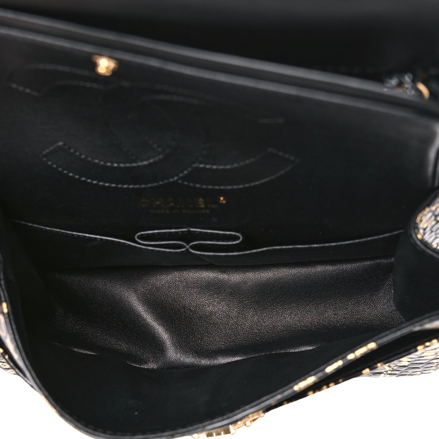 Calfskin Crocodile Embossed Graffiti 2.55 Cocodile Reissue 225 Flap Black Gold