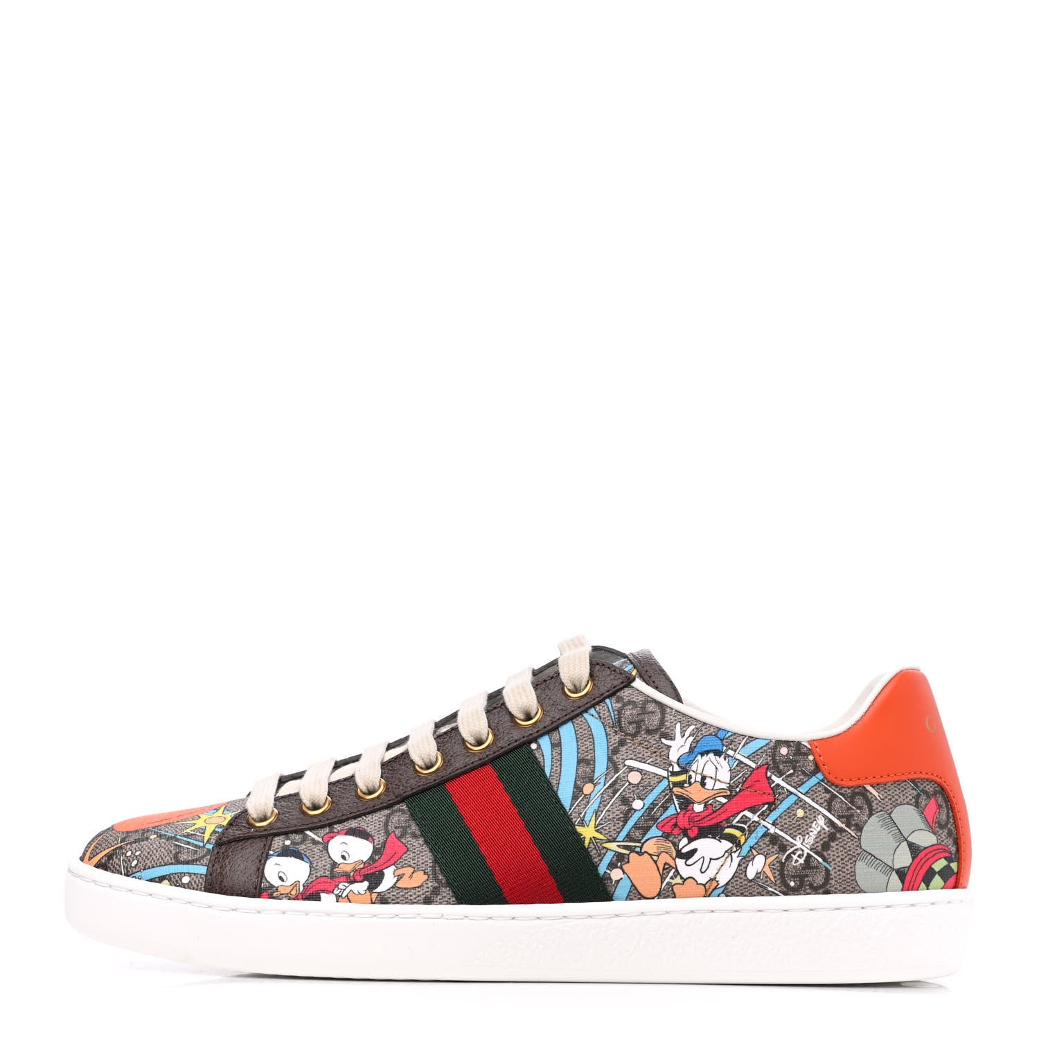 Gucci X DISNEY GG Supreme Monogram Web Donald Duck Womens Ace Sneakers 38 Beige New Acero Orange 1 of 10