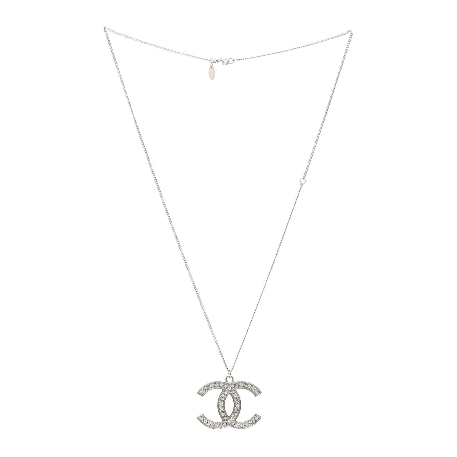 Chanel Crystal CC Pendant Necklace Silver 3 of 5