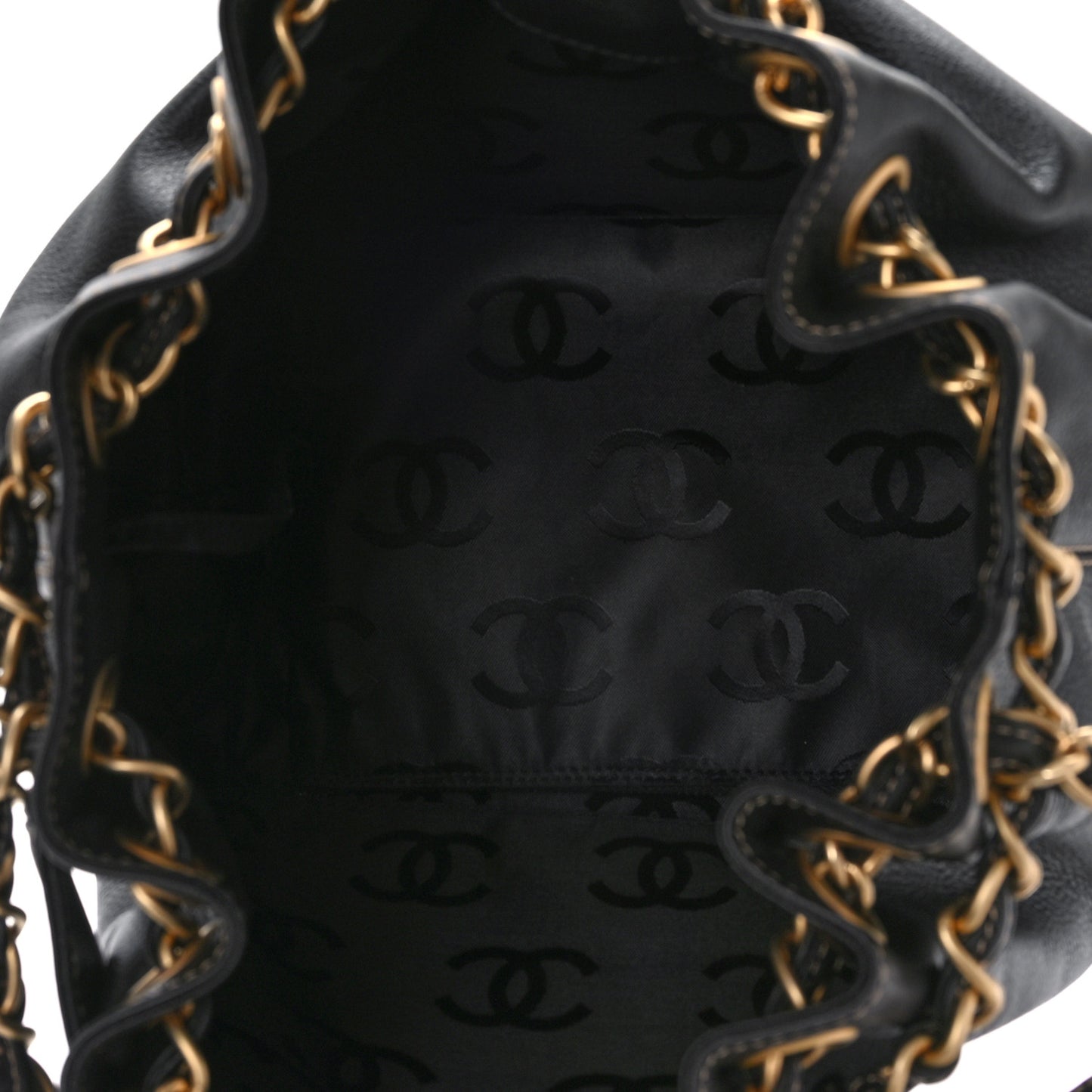 Grained Calfskin CC Drawstring Bucket Bag Black