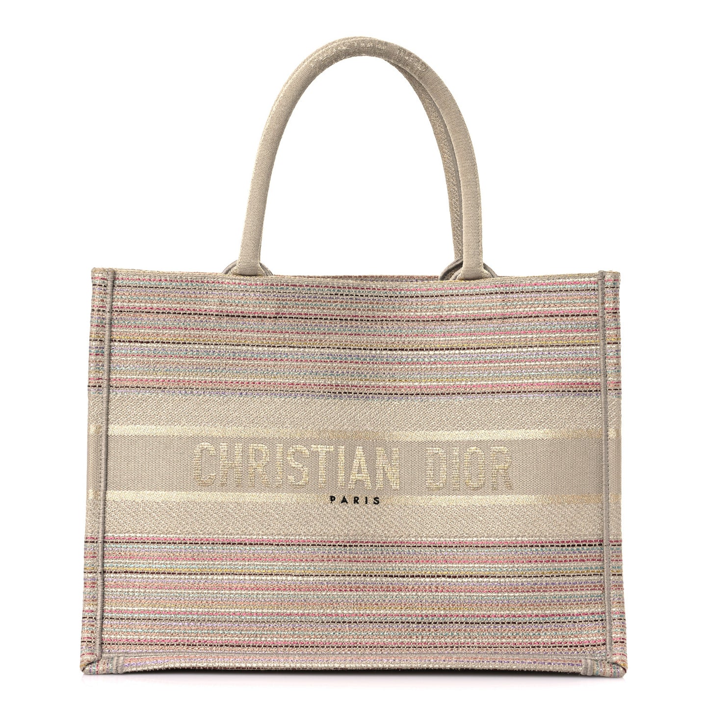 Canvas Embroidered Medium Stripes Book Tote Beige Multicolor