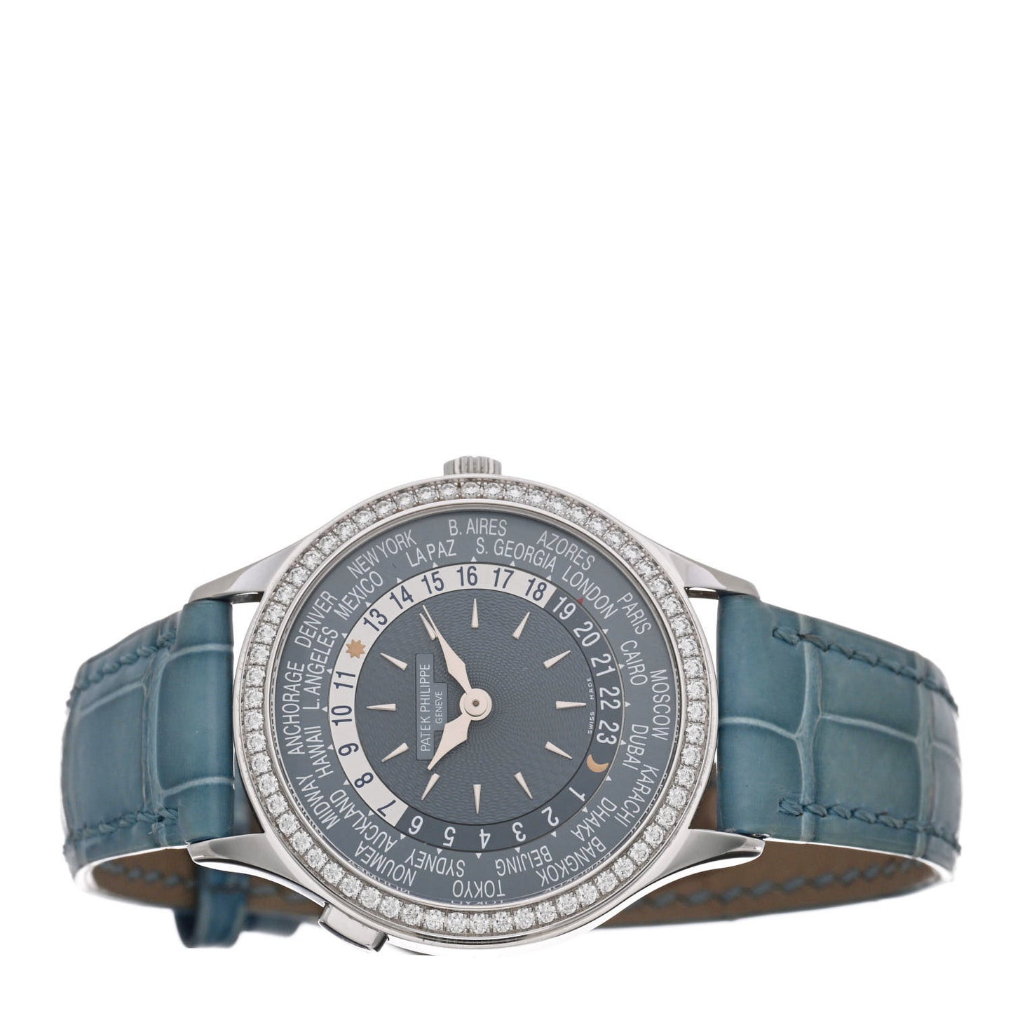 18K White Gold Alligator Diamond 36mm Complications World Time Automatic Watch Blue 7130G-016