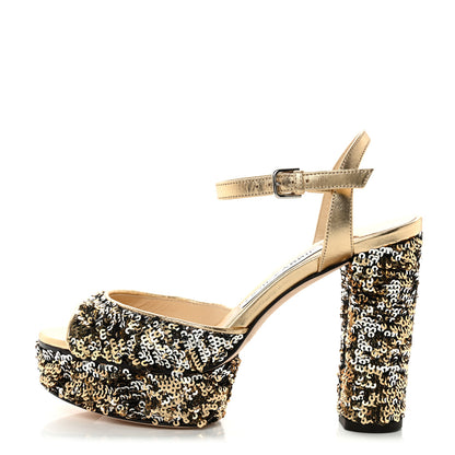 Jimmy Choo Sequin Peachy Peep Toe Platform Pumps 35 Silver Gold 1 of 7