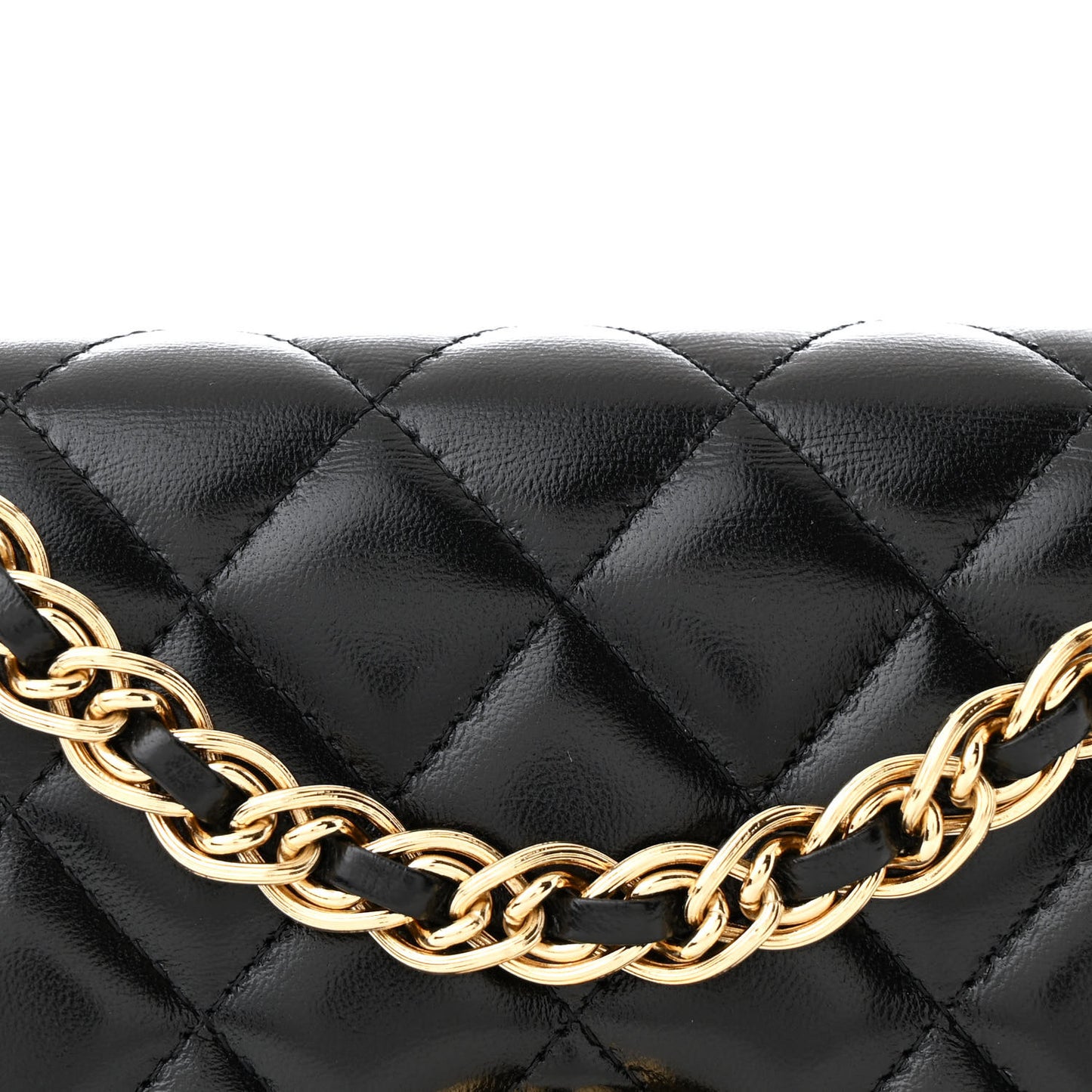 Shiny Lambskin Quilted Golden Links Wallet On Chain WOC Black
