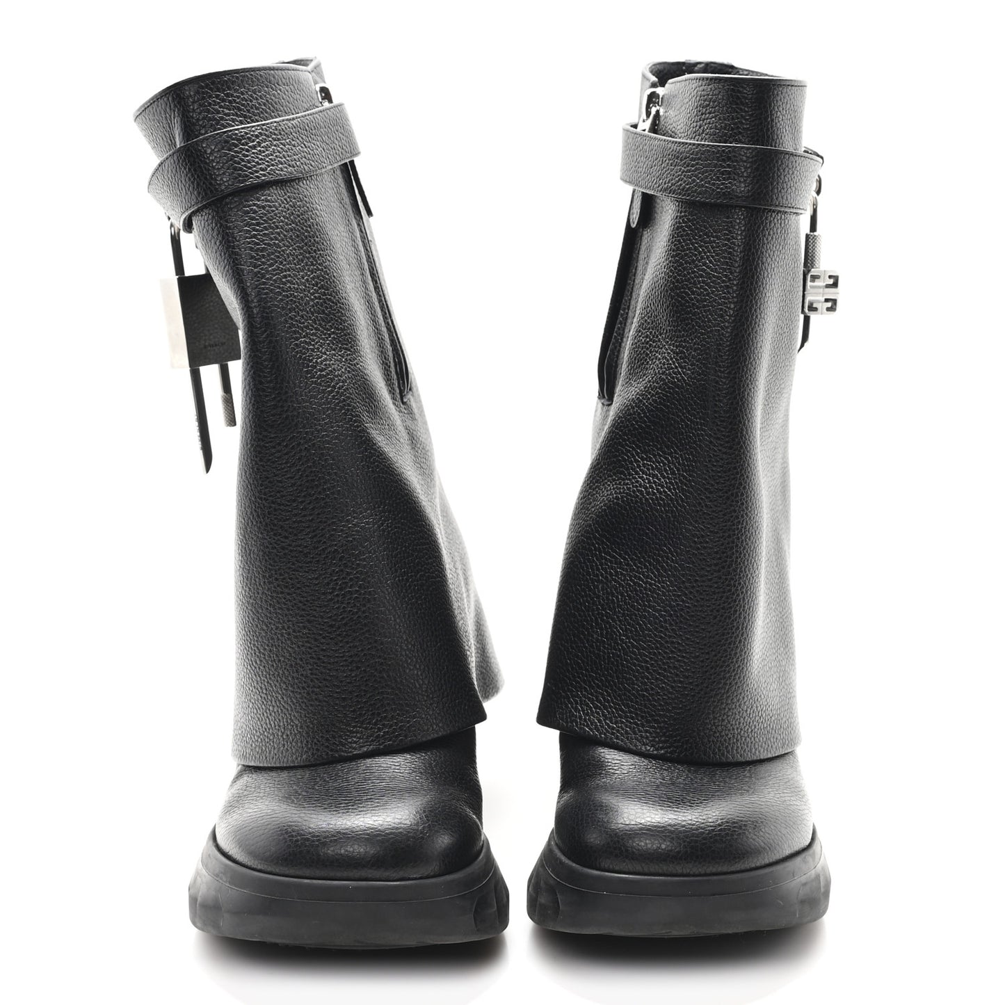 Grained Calfskin Shark Lock Biker Ankle Boots 38 Black