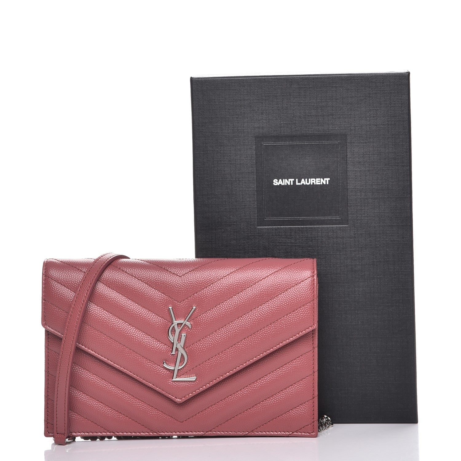 Saint Laurent Grain De Poudre Matelasse Chevron Monogram Envelope Chain Wallet Mystic Rose 8 of 8