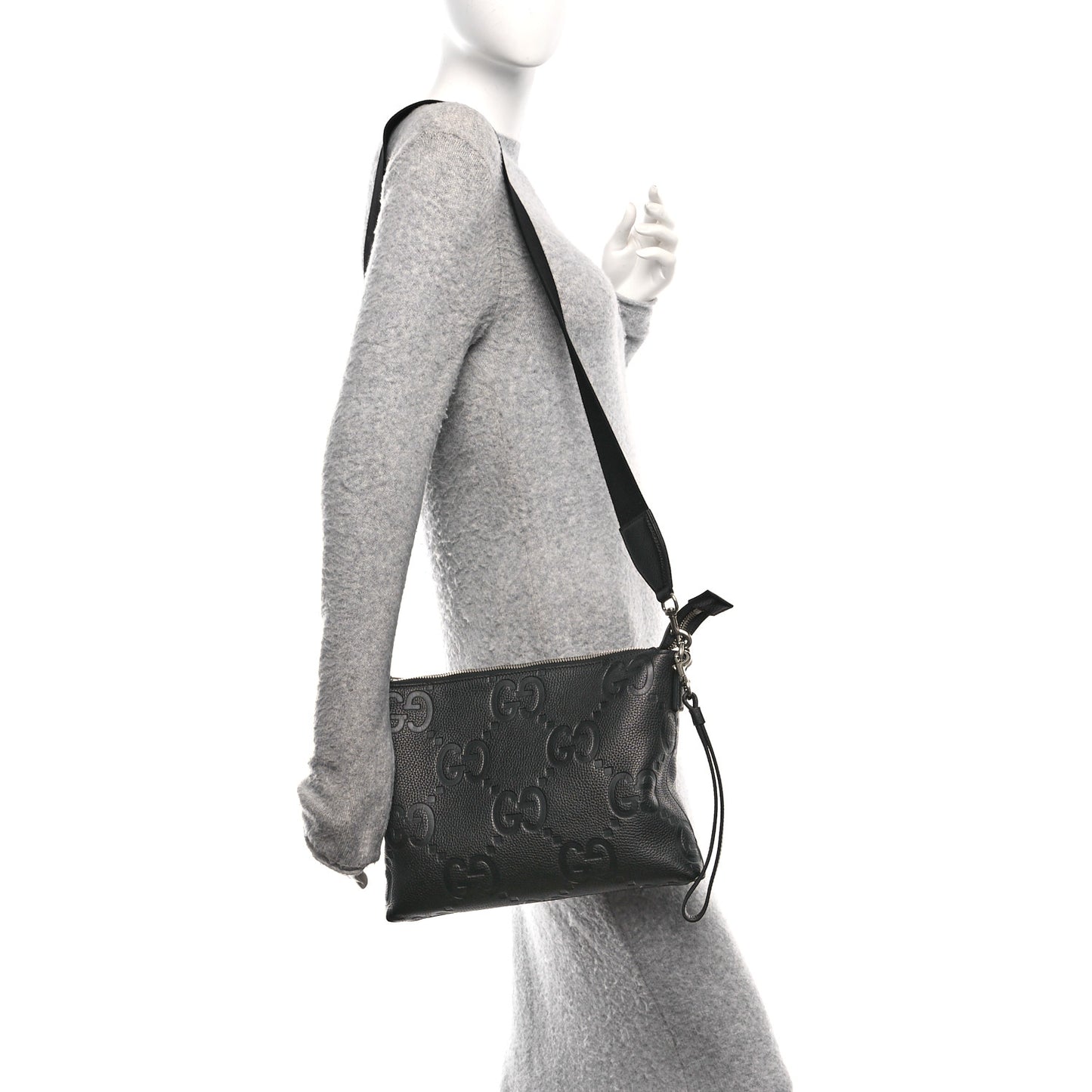 Piuma Calfskin Jumbo GG Embossed Medium Wristlet Messenger Bag Black