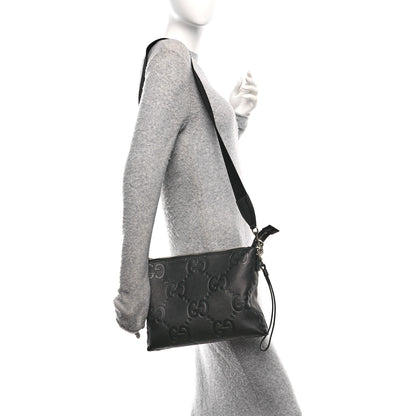 Gucci Piuma Calfskin Jumbo GG Embossed Medium Wristlet Messenger Bag Black 2 of 10