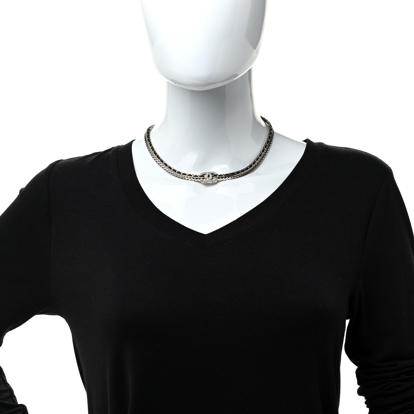 Metal Lambskin Crystal Chain CC Necklace Black Gold