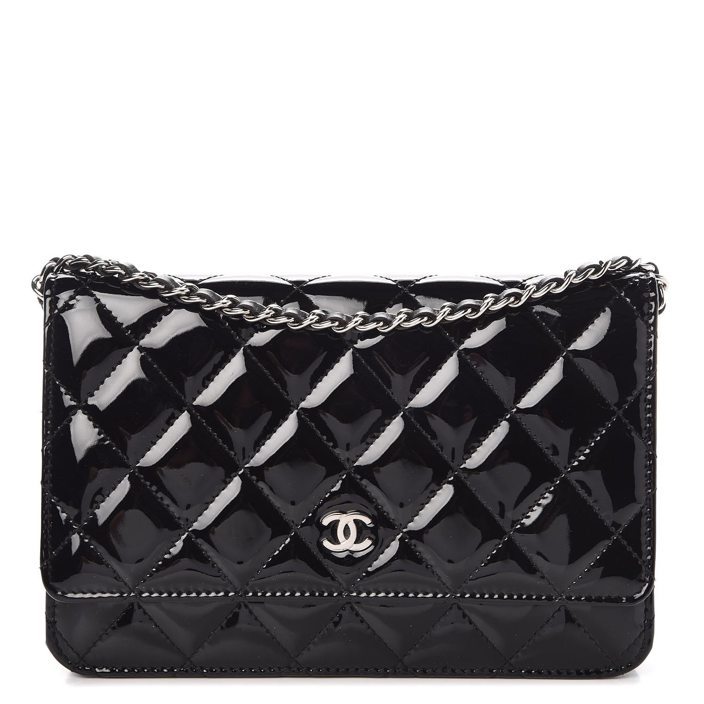 Patent Quilted Wallet On Chain WOC Black