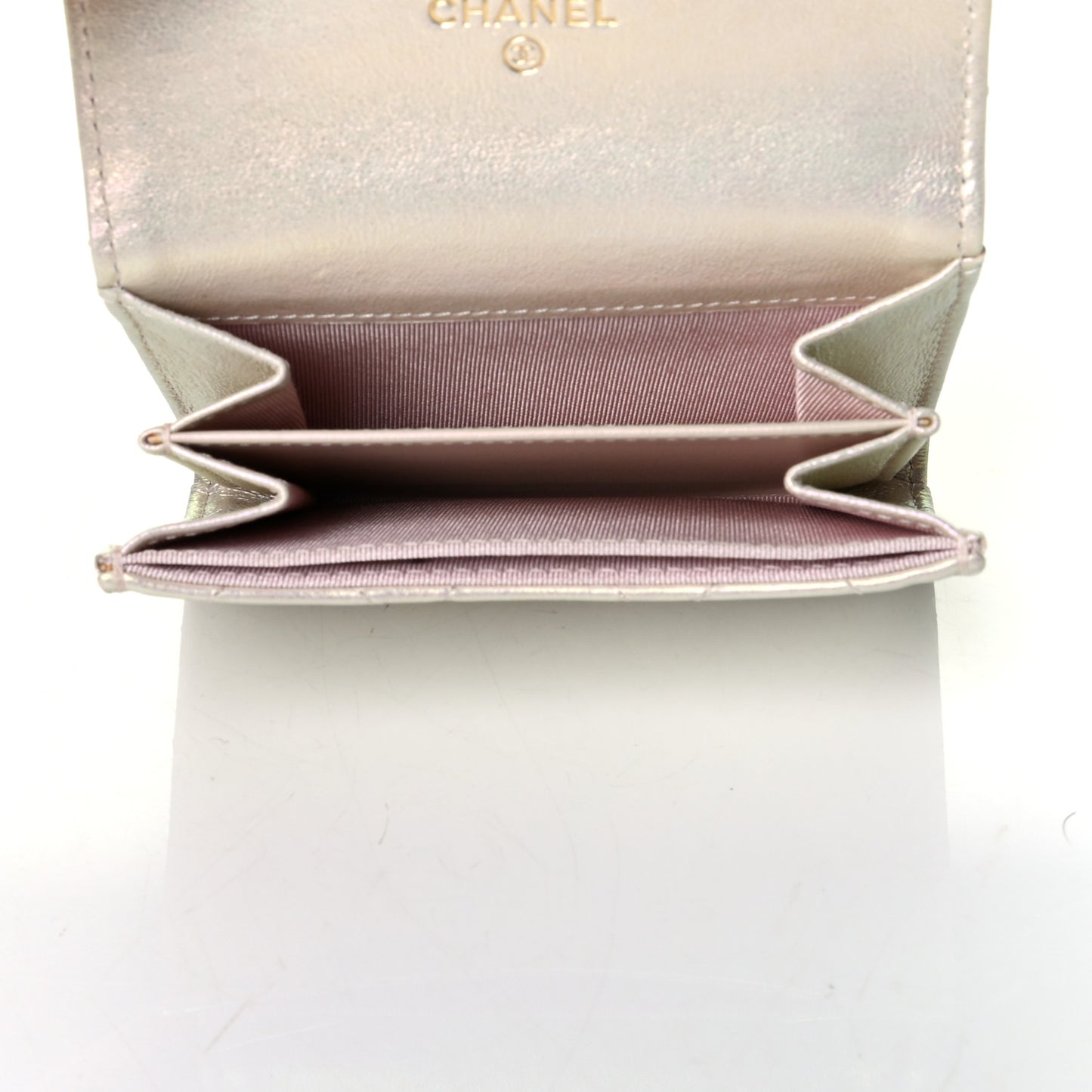 Iridescent Lambskin Quilted Flap Card Holder Wallet Ivory