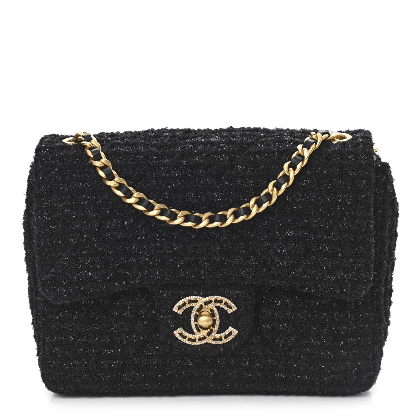 Tweed Quilted Mini Crystal CC Square Flap Black