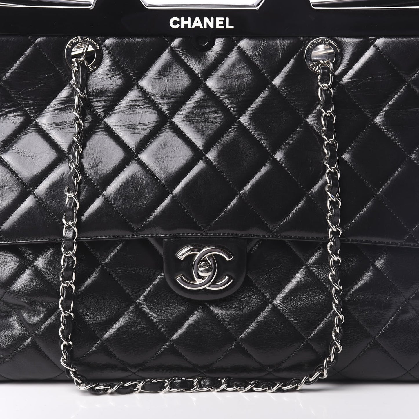 Glazed Calfskin Quilted Large CC Delivery Tote Black
