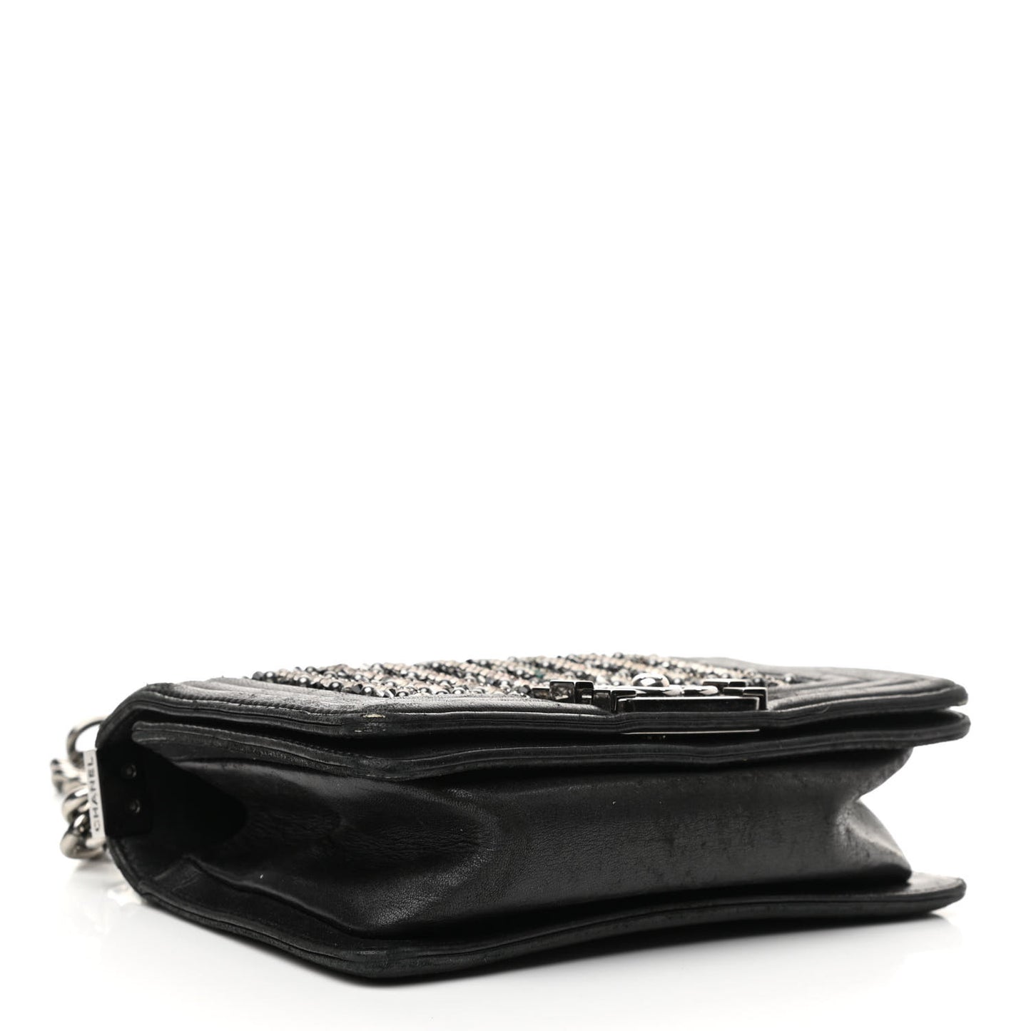Lambskin Glass Pearl Embroidered Small Boy Flap Black